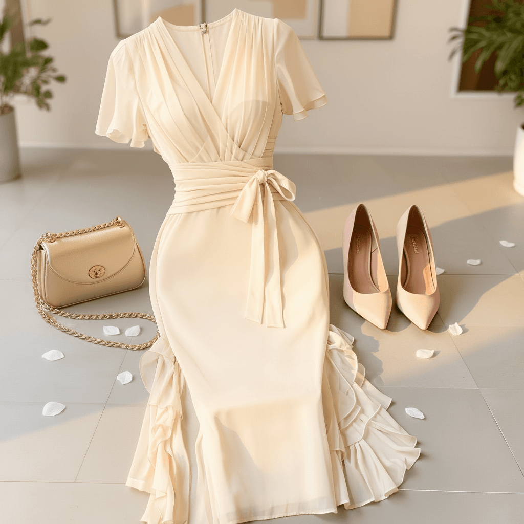 Same cream wrap dress, pink heels, beige chain bag composition.
Same cream dress, pink heels, beige bag flat lay.
Add soft spring atmosphere:
scatter a few white flower petals around the items naturally,
warm golden hour sunlight casting gentle shadows.
Luxury fashion magazine style, 8K.