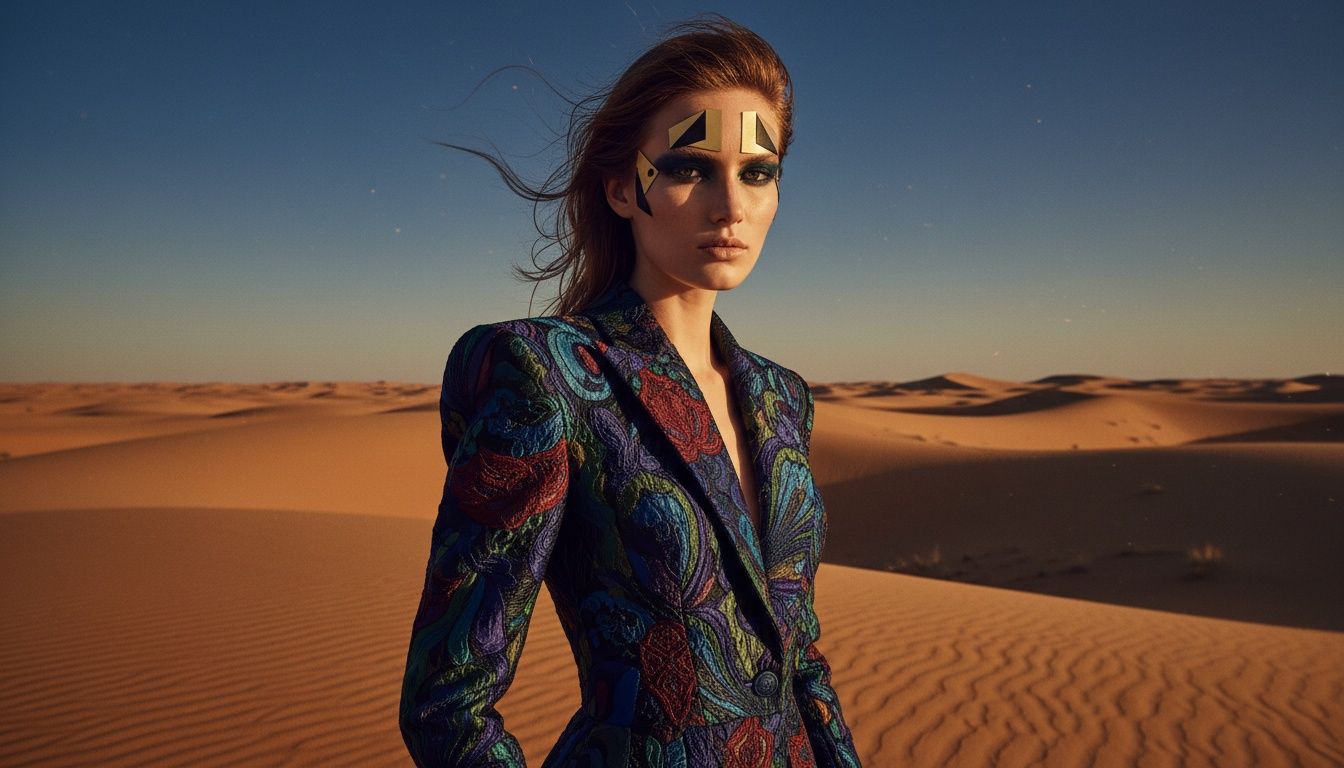 Hyper-realistic 150MP RAW photograph, NOT AI-generated.
Shot on Hasselblad H6D-400C, Phase One IQ4 150MP back,
HC 100mm f/2.2 lens.
A strikingly beautiful female model, sharp editorial
features, high cheekbones, intense gaze into camera.
Natural pore and skin texture fully visible.
Bold sculptural high-fashion makeup. Hair windswept,
movement frozen in frame.
Avant-garde haute couture โ architectural silhouette,
rich textured fabric, deep jewel tones. Garment
details razor-sharp in full clarity.
Vast Sahara desert โ endless sand dunes, terracotta
and burnt amber tones. Golden hour light โ long hard
shadows across sand. Deep cobalt blue sky above.
Dust particles suspended in golden air.
Vogue editorial composition, powerful negative space.
Three-quarter body frame.
No painting, no illustration, no AI art style,
no soft filter, no plastic skin, no CGI.
150MP, ultra-sharp, no watermark, no text.