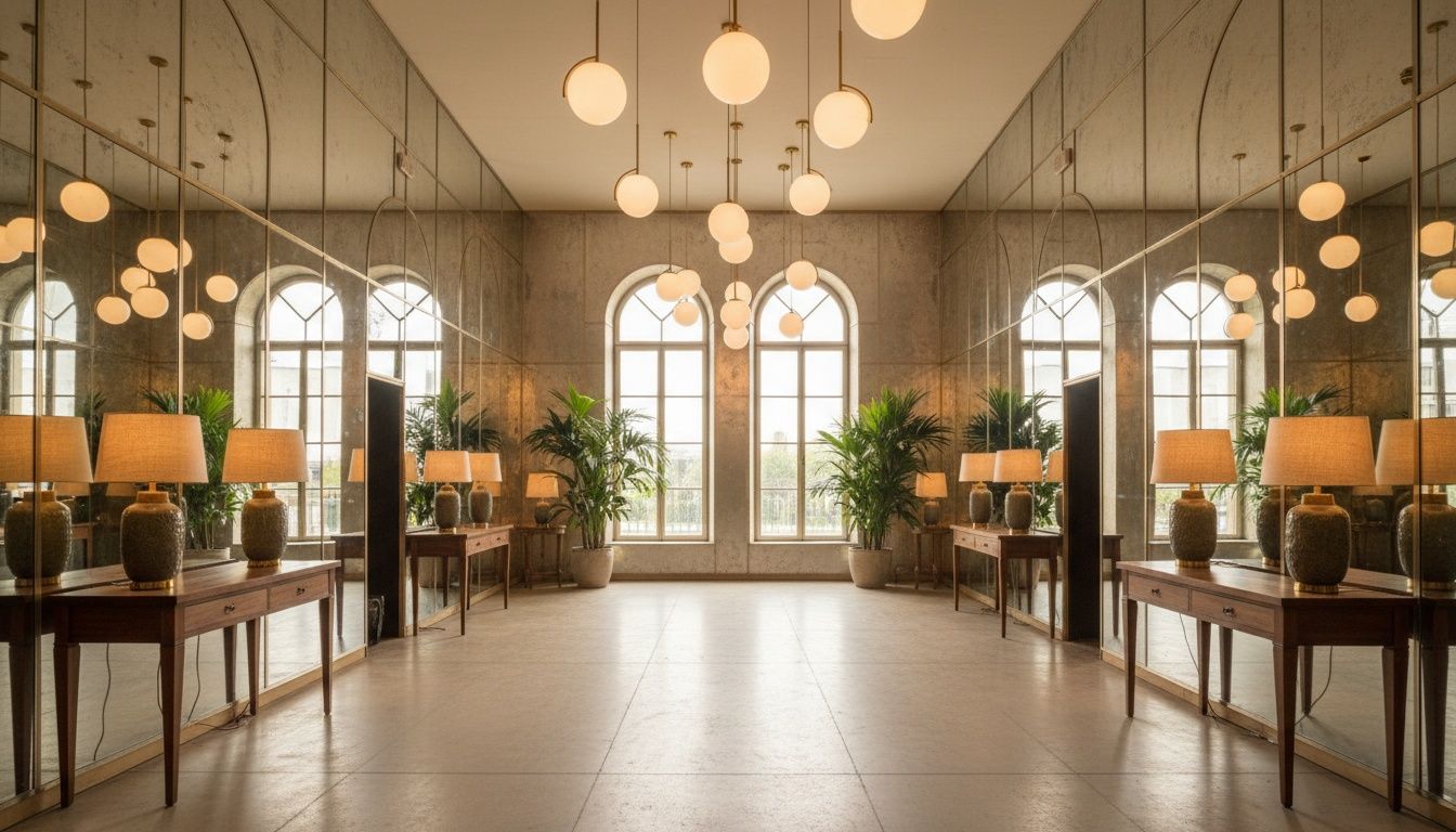 Bright room with large mirrors and good lighting, multiple mirrors reflecting light, pendant lights, table lamps, natural light from windows, spacious feeling interior