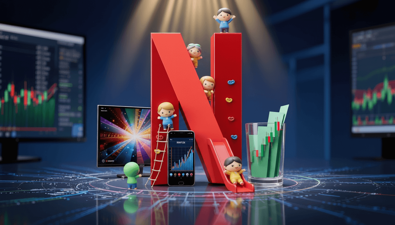 Super cute chibi-style miniature figures climbing and exploring a oversized
shiny red Netflix N logo like it's a playground.
One figure waving from the top, another sliding down the side.
Pixar-style warm lighting, soft shadows, 8K detail.