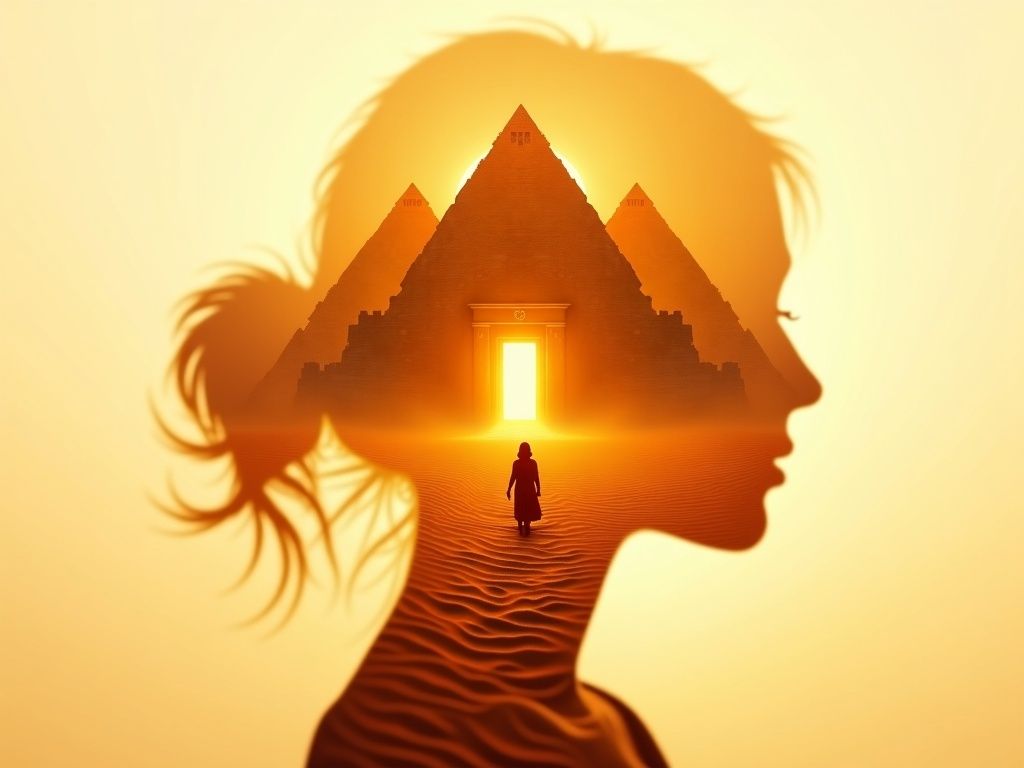 Double exposure digital art of a female silhouette in profile, filled with an ancient desert temple complex. The top half features sandstone pyramids with glowing hieroglyphs and floating sand spirits, radiating in golden amber and desert orange tones. Inside the silhouette, a small robed figure walks through sand dunes toward a glowing sacred altar. The bottom transitions into warm terracotta and gold sand patterns, forming ancient textures and mystical symbols. High contrast, desert sunset lighting, detailed, atmospheric, cinematic, sand grain texture, ancient mythology art style.