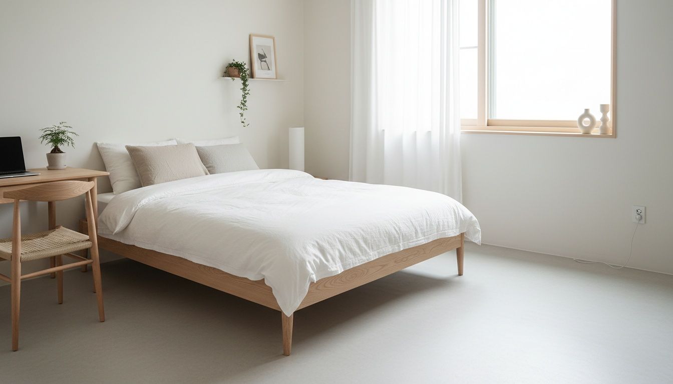 Small bedroom with furniture on legs, elevated bed frame with legs, desk with thin legs, chair with legs, visible floor space underneath furniture, airy and open feeling, Korean minimalist interior design