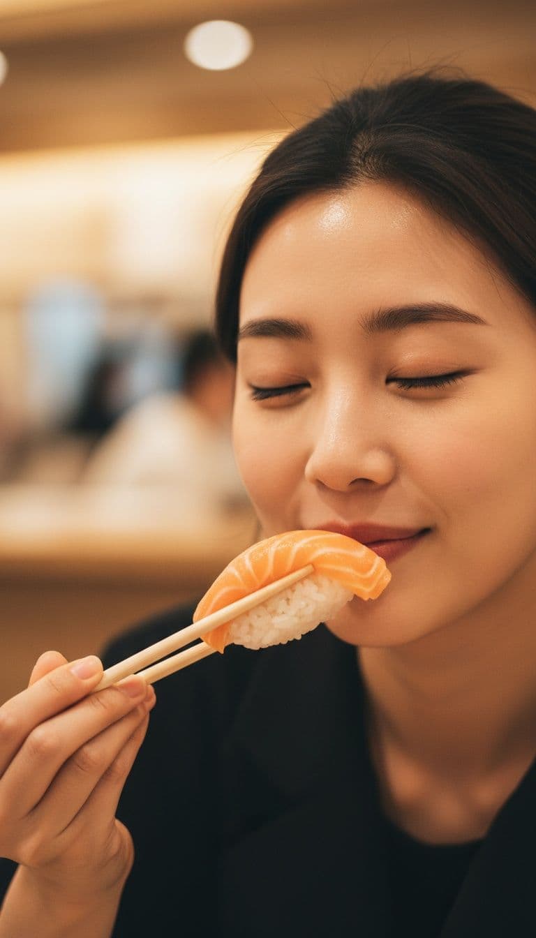close-up of a Korean person in their 20s-30s eating a piece of salmon sushi with chopsticks, eyes closed in pure enjoyment, slight smile, soft warm restaurant lighting, shallow depth of field, photorealistic, 9:16 vertical