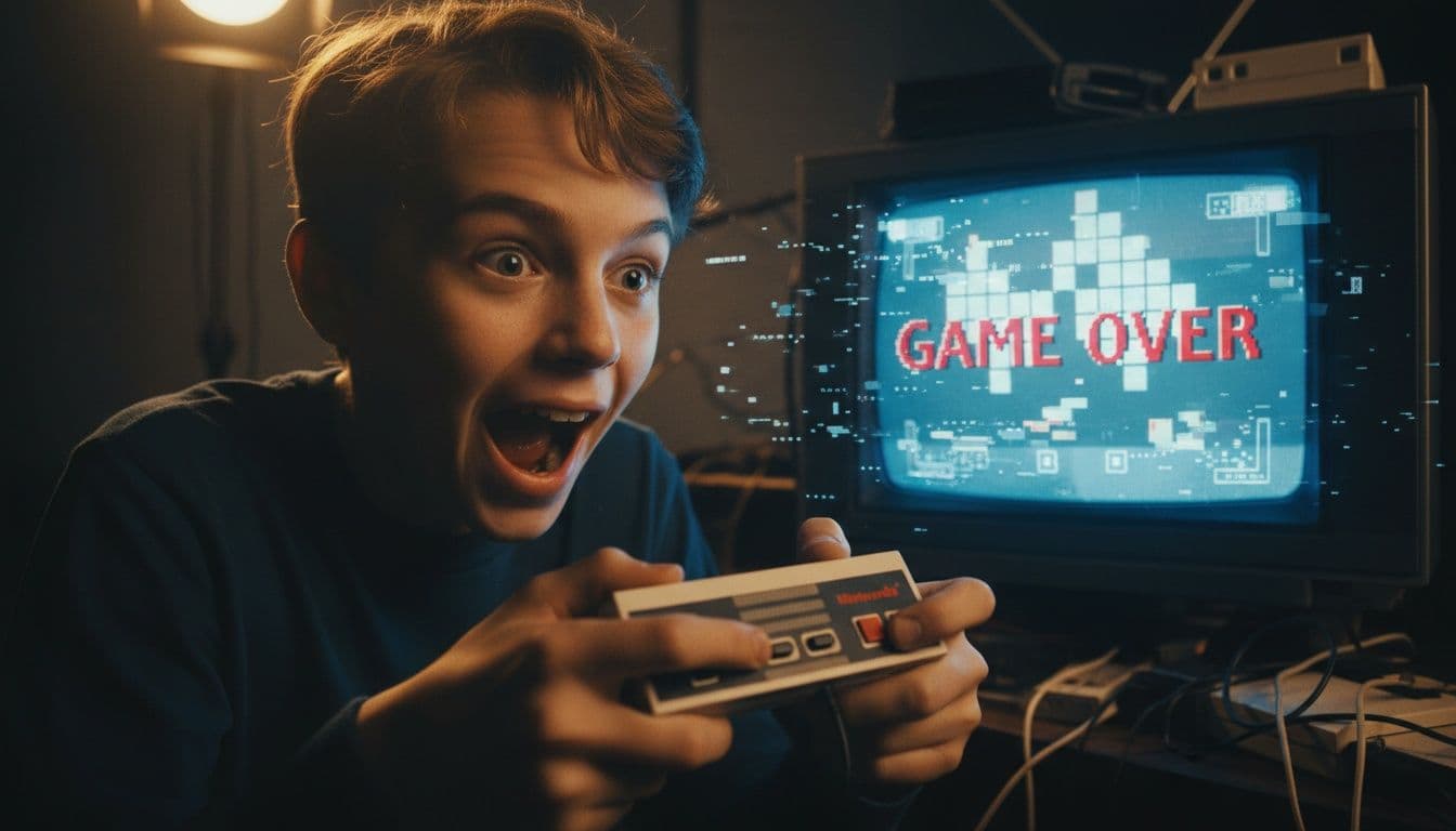 Dramatic close-up of Blue Scuti, a 13-year-old boy with excited facial expression, hands holding NES controller, Tetris game screen visible with glitch effects and "Game Over" text, intense gaming moment, studio lighting, documentary style