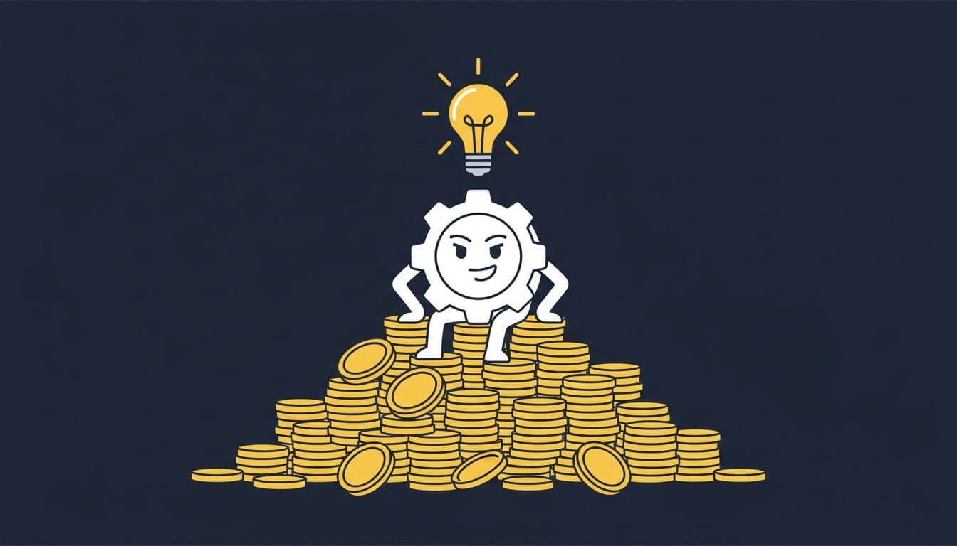 Flat 2D cartoon news-explainer illustration, clean vector style, dark navy background #0E1B2A, gold #E8B84B accent. A cartoon company character sitting on a pile of gold coins with a lightbulb above its head glowing brightly, savvy and smart expression, coins neatly stacked around. Cinematic 16:9. DO NOT render any text, letters, numbers, logos or watermarks.