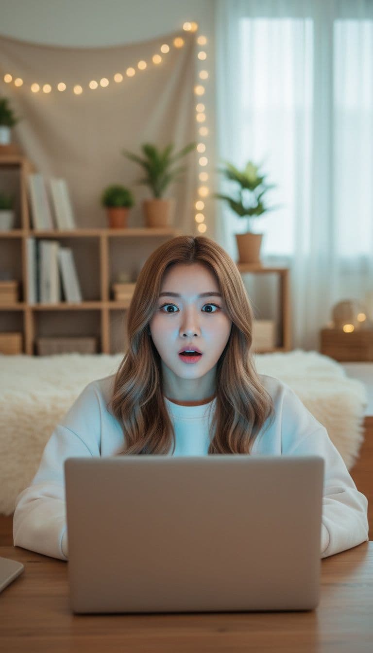 Early 20s Korean woman, K-pop girl group visual, bright brown wavy bob haircut, natural and radiant makeup, casual top, sitting at a desk looking at a laptop screen then suddenly reacting with surprise and looking up, mouth slightly open and eyebrows raised, laptop screen glow illuminating her face, cozy home studio background, vertical 9:16