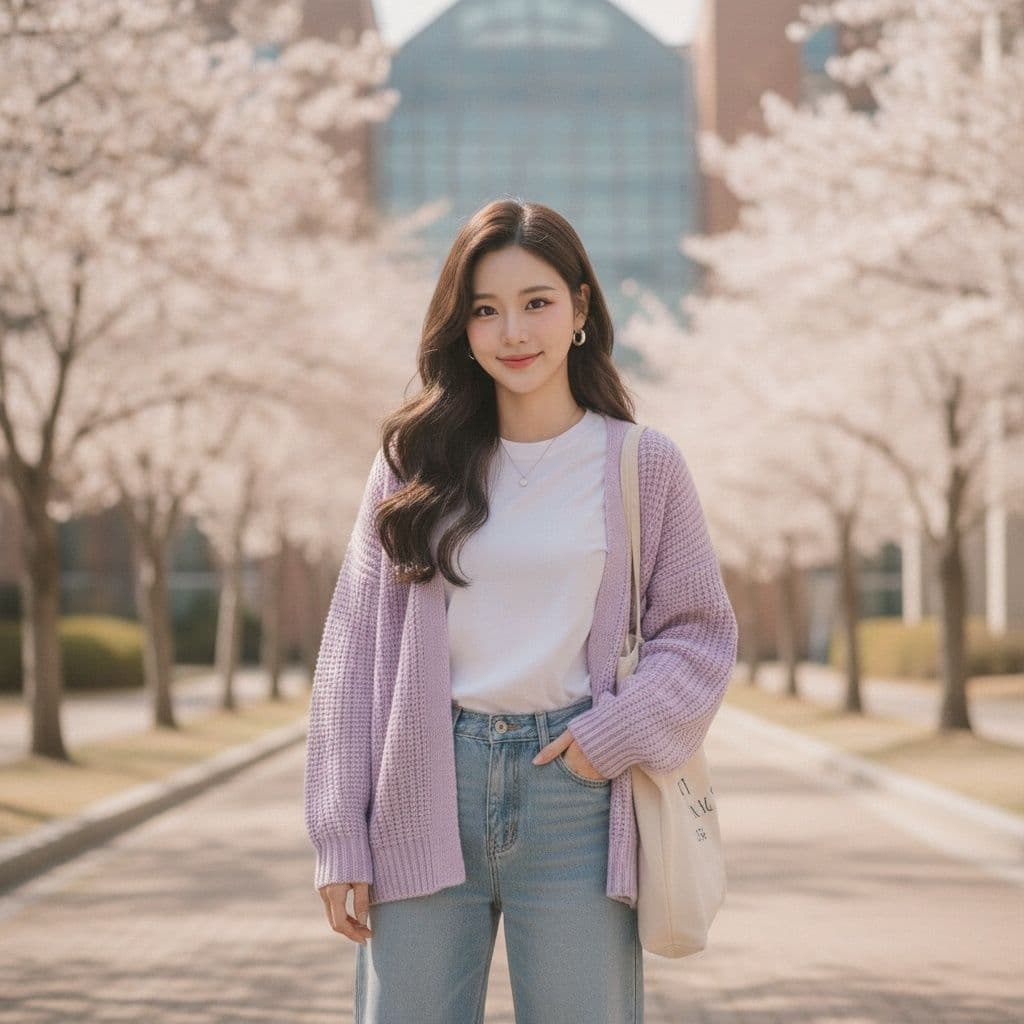 Full-body vertical shot (9:16) of a pretty South Korean university student in her early-to-mid 20s, K-pop girl-group style visuals — glass skin, soft glam makeup, sleek voluminous hair, bright eyes, warm natural smile.
Standing casually, one hand in pocket or holding a tote bag, natural unposed feel.
Outfit: oversized cardigan/knit sweater over plain tee, wide-leg denim, white sneakers, minimal accessories, neutral/pastel tones.
Setting: bright university campus, tree-lined path or modern building facade, soft natural daylight, background blurred (bokeh).
Lighting: soft warm daylight, gentle rim light.
Mood: fresh, youthful, clean campus-life aesthetic for short-form video.
Camera: mirrorless, 35–50mm, natural perspective, soft cinematic grading.