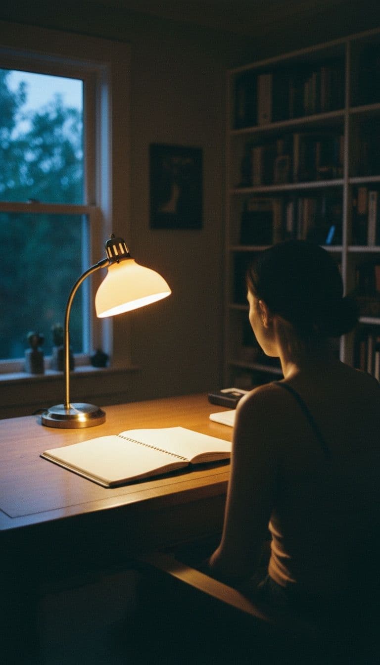 Vertical portrait photo, person's back view sitting at a wooden desk, empty open notebook, warm amber lamp light, evening home interior, peaceful atmosphere, film photography look, no text, no watermark
