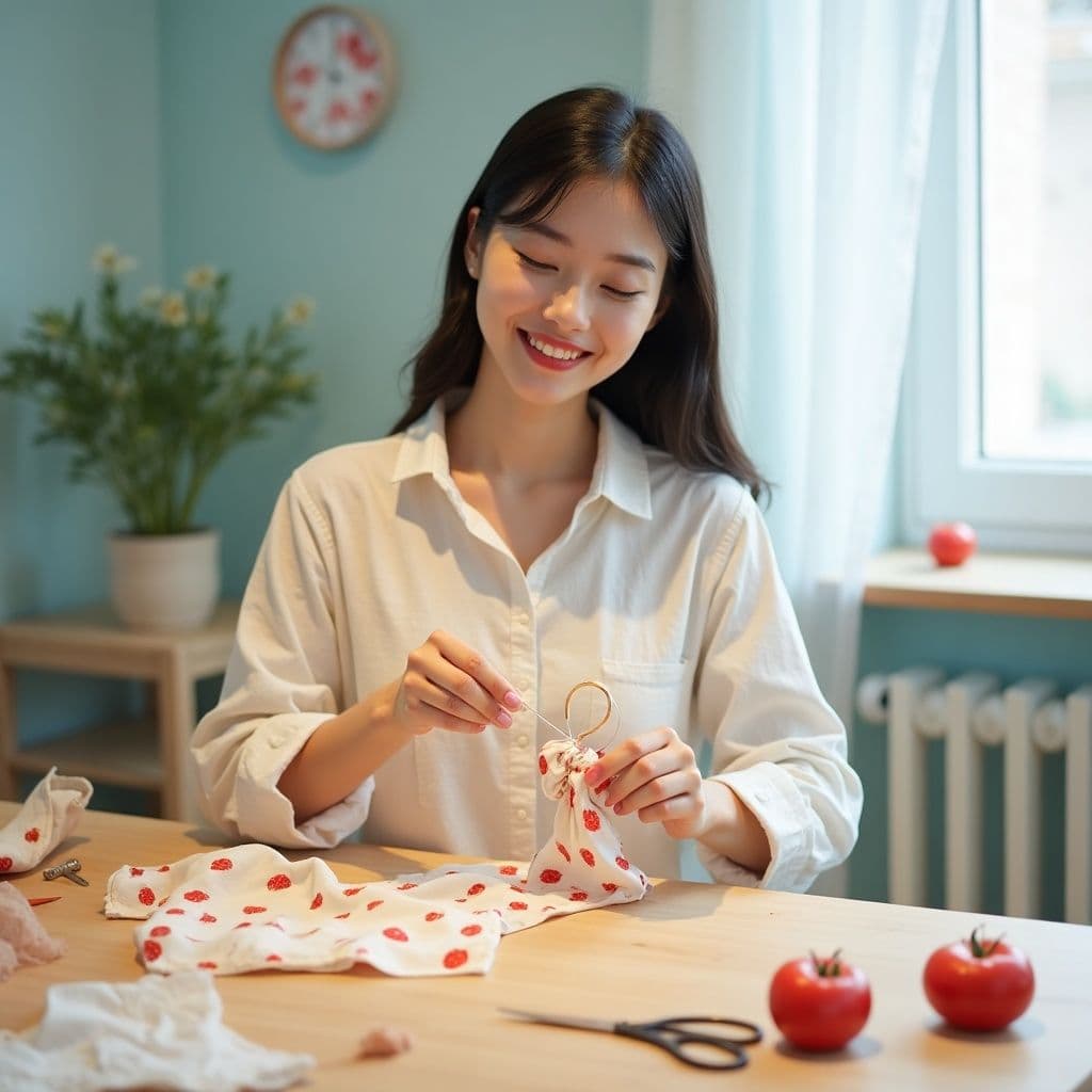 A cheerful young Korean woman in her twenties sitting at a bright wooden craft table, hand-sewing a cream colored fabric scrunchie printed with small red tomatoes, needle and thread in her hands, sewing kit, scissors and fabric scraps on the table, soft natural daylight from a window, pastel light blue interior wall, cozy DIY craft workshop mood, photorealistic, shallow depth of field, warm and friendly, high quality