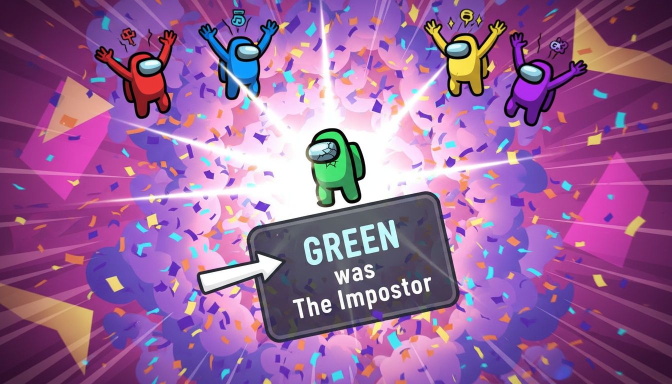Among Us voting result screen showing green was an impostor, dramatic screen shake, confetti explosion, characters celebrating, bright flash of light, victory colors, game art, vertical 9:16, no text